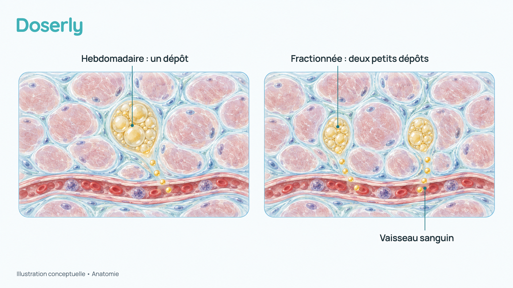 Illustration conceptuelle de deux coupes transversales de muscle côte à côte : l’une avec une seule grosse flaque d’huile, l’autre avec deux flaques plus petites, chacune libérant de la testostérone vers un vaisseau sanguin. C’est un schéma, pas une quantité mesurée ni un taux sanguin.