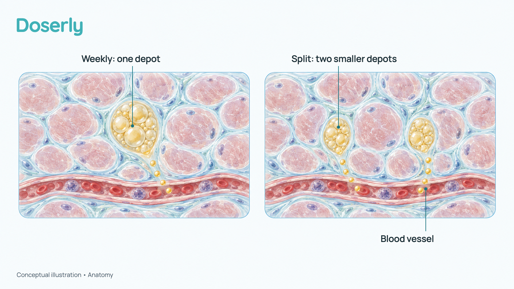 Conceptual illustration of two cross-sections of muscle side by side: one with a single larger oil pool, one with two smaller oil pools, each releasing testosterone toward a blood vessel. It is a schematic, not a measured amount or a blood level.