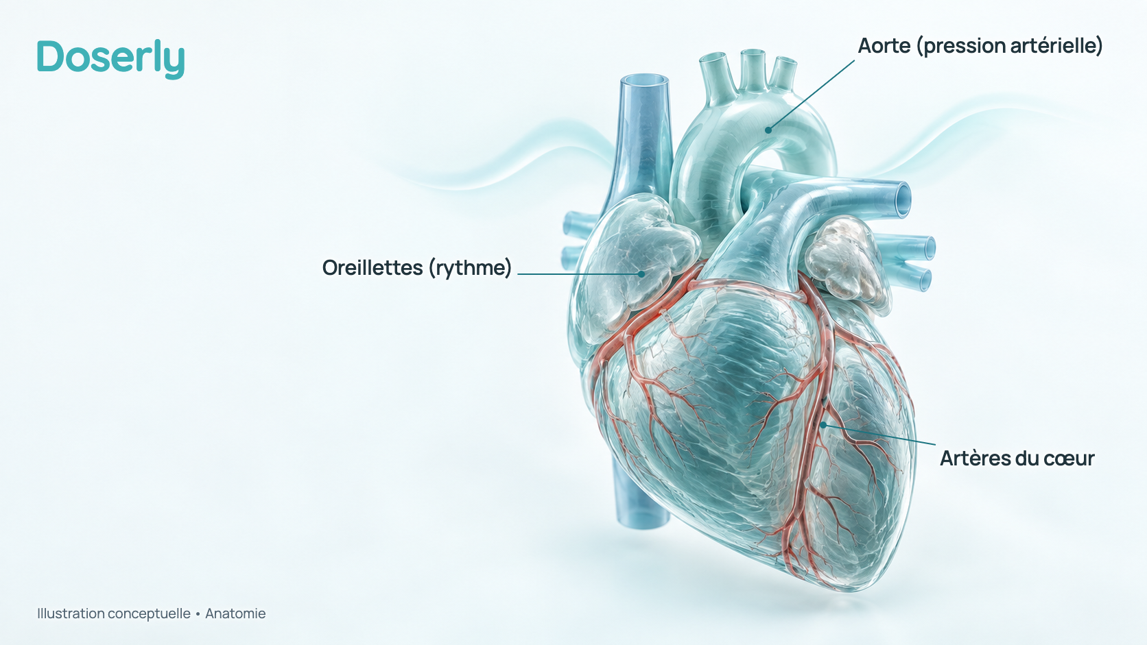Illustration conceptuelle d’un cœur translucide, montrant ses oreillettes ainsi que les principales artères et veines autour de lui, avec une onde douce évoquant le rythme cardiaque. C’est un schéma anatomique, pas un effet mesuré.