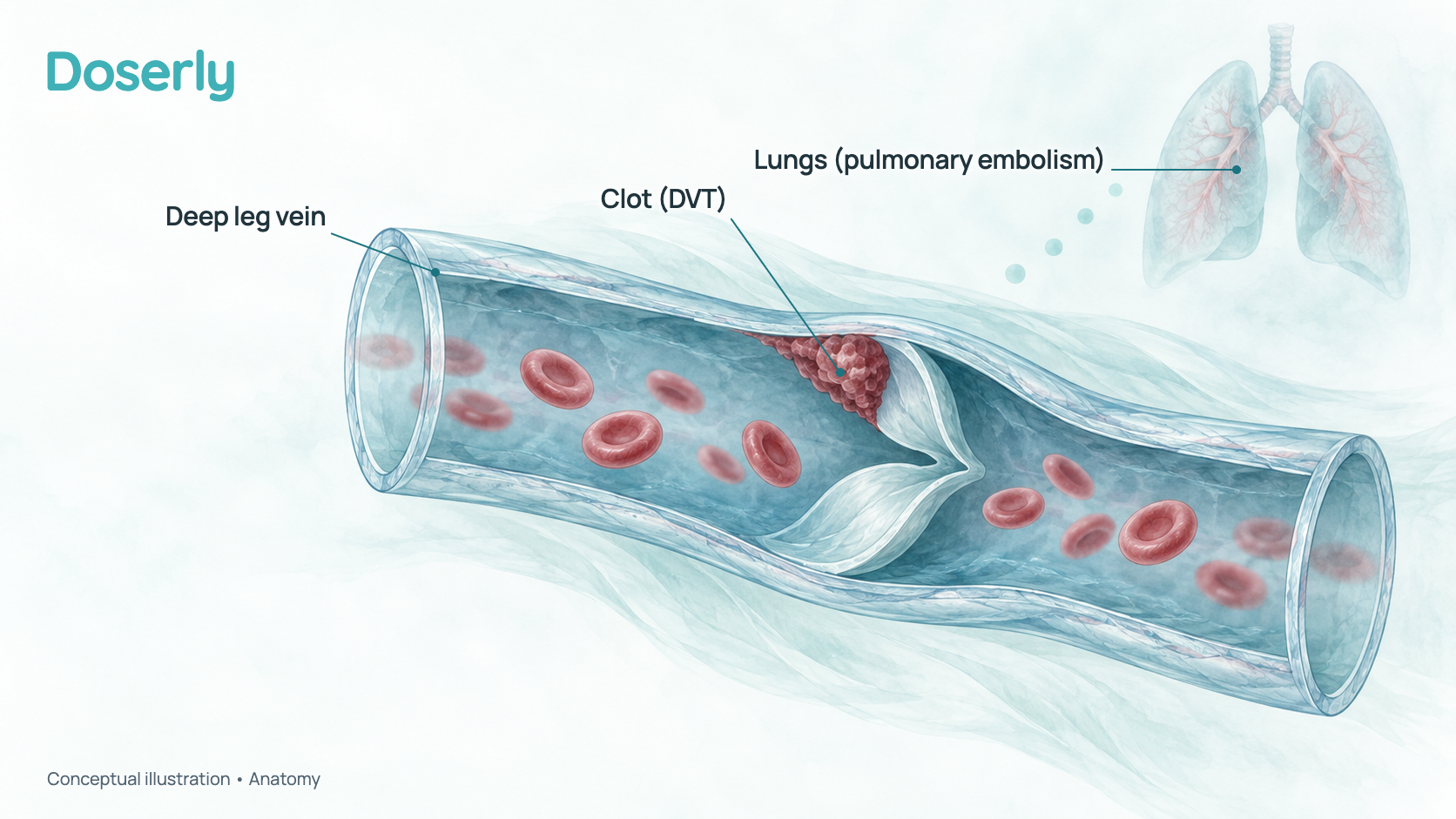 Conceptual illustration of a translucent leg vein with a small soft clot forming against its wall, and faint lungs in the background suggesting where a clot can travel. It is a schematic of anatomy, not a medical image.