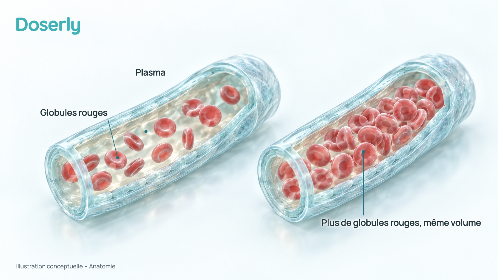 Illustration conceptuelle de deux vaisseaux sanguins ouverts, côte à côte, l’un avec des globules rouges espacés dans un plasma pâle et l’autre plus encombré de globules rouges. C’est un schéma, pas de la microscopie, et il ne représente aucune quantité mesurée.