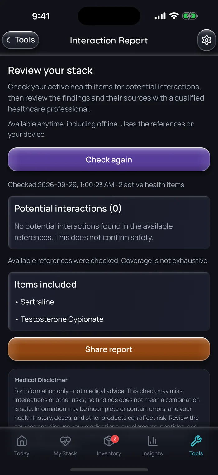 Rapport d’interactions de Doserly (interface en anglais) pour deux éléments d’exemple, la sertraline et le cypionate de testostérone : interactions potentielles (0), aucune interaction potentielle trouvée dans les références disponibles, et un rappel que cela ne confirme pas l’innocuité et que la couverture n’est pas exhaustive.