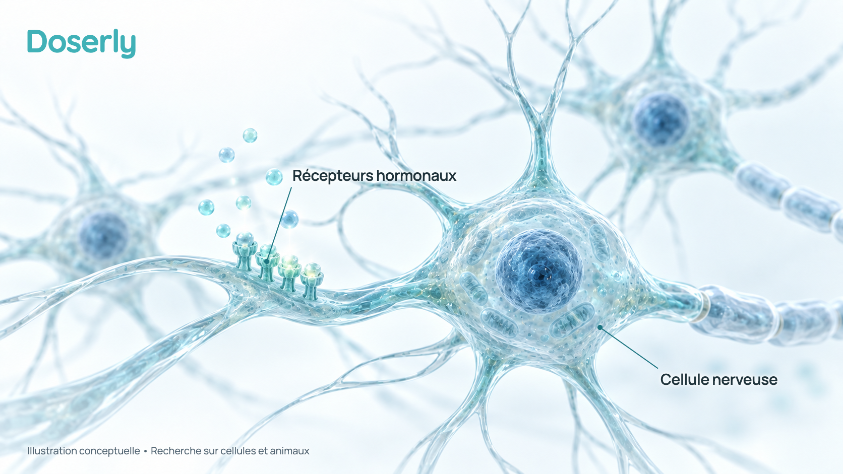 Illustration conceptuelle de cellules nerveuses translucides, comme en verre, avec leurs ramifications et de petits sites récepteurs lumineux à la surface des cellules. C’est un schéma, pas de la microscopie, et elle ne montre pas un effet mesuré.