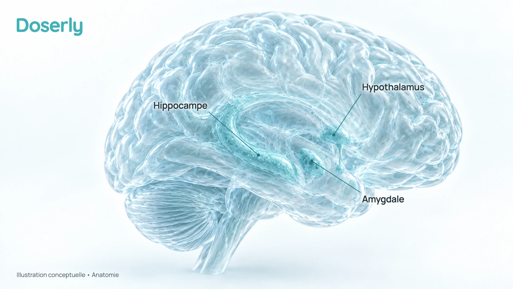 Vue latérale conceptuelle du cerveau avec hippocampe, hypothalamus et amygdale identifiés.
