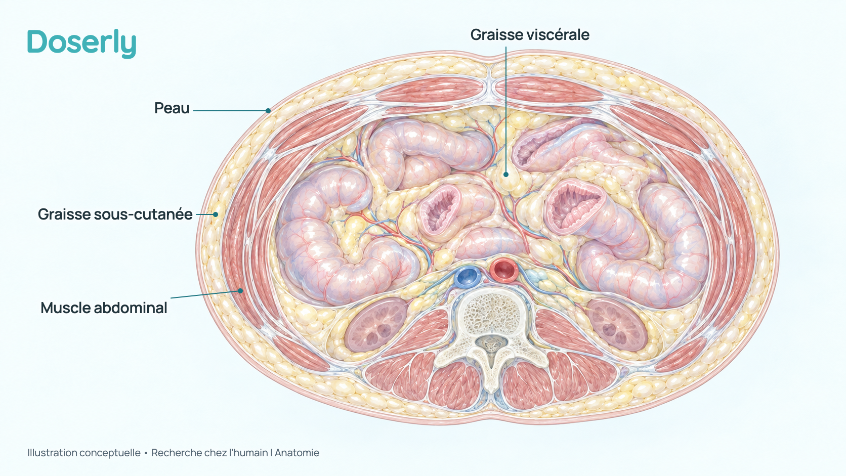 Illustration conceptuelle d’une coupe de l’abdomen montrant la peau, une couche de graisse sous-cutanée sous la peau, les muscles abdominaux et une graisse plus profonde autour des intestins. C’est un schéma, et non un examen d’imagerie médicale.