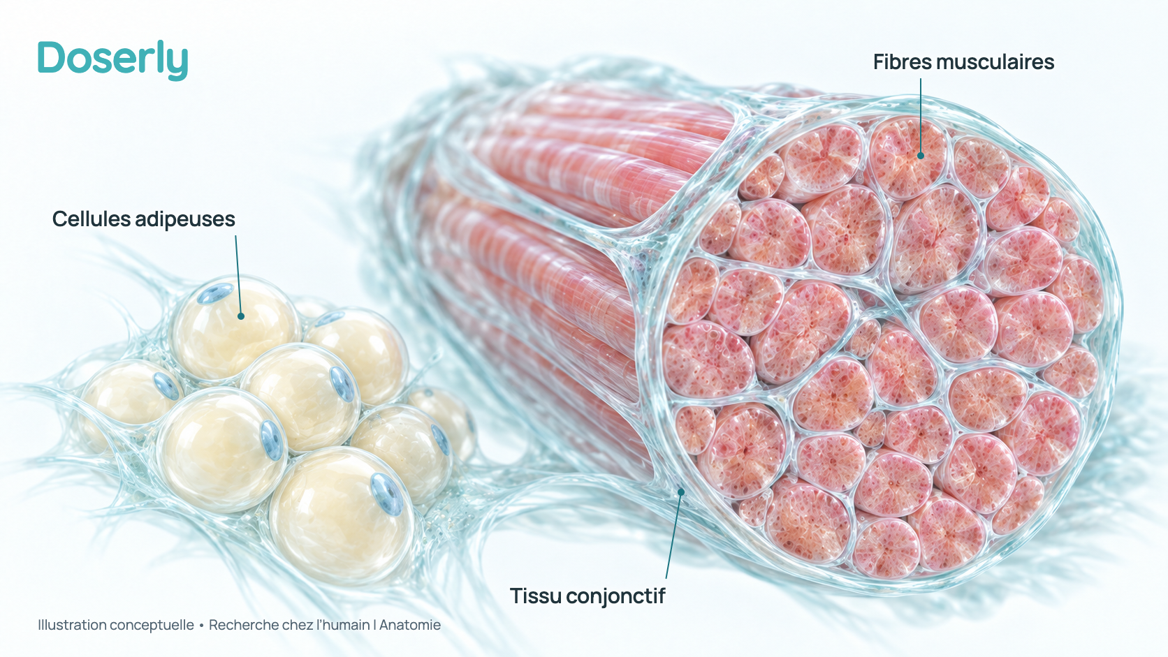 Illustration conceptuelle d’un faisceau de fibres musculaires en coupe à côté d’un amas de cellules adipeuses, dessinés comme des tissus translucides. C’est un schéma d’anatomie, et non une image de microscopie, qui ne montre pas un changement mesuré.