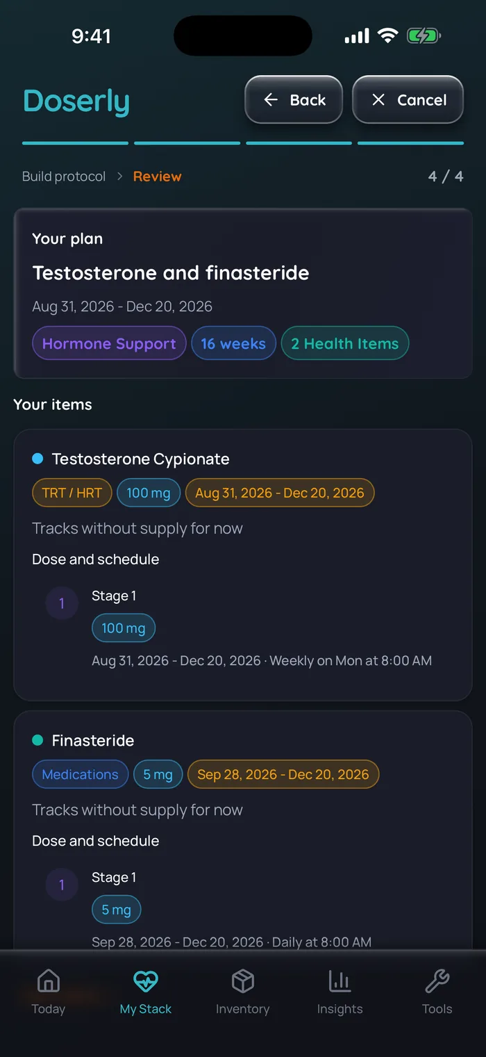 Doserly plan review for an example plan, Testosterone and finasteride: testosterone cypionate 100 mg weekly on Mondays from Aug 31 to Dec 20, 2026, and finasteride 5 mg daily added from Sep 28 to Dec 20, 2026, each with its own dates.