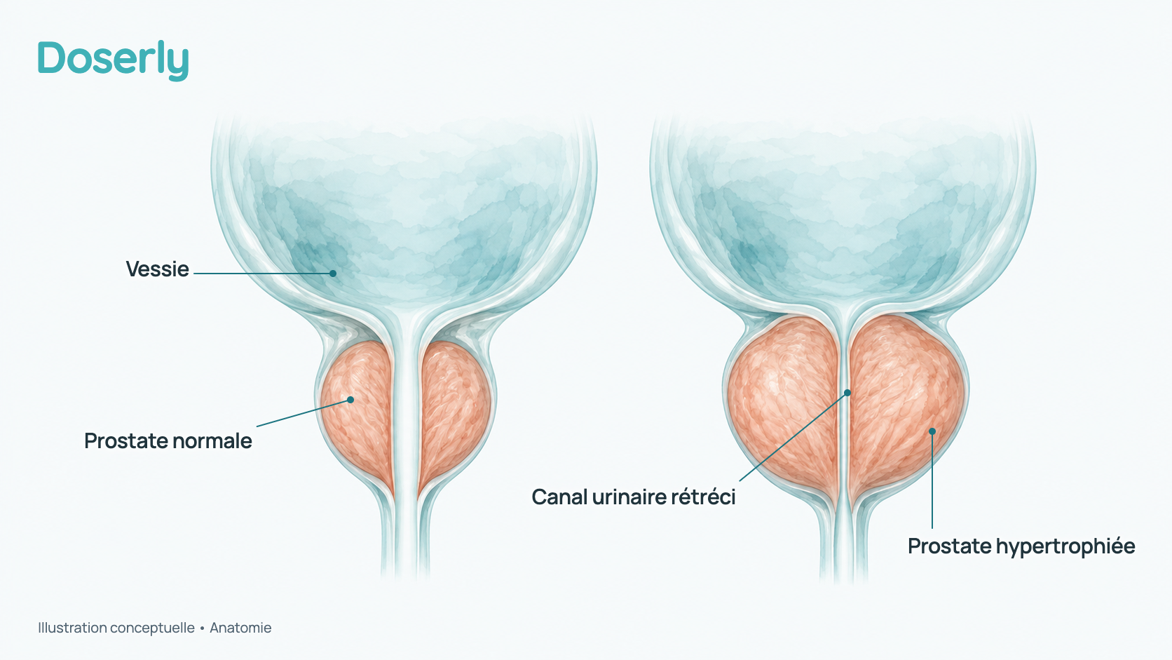Illustration conceptuelle de deux prostates en coupe sous la vessie, l’une de taille normale avec un canal urinaire ouvert et l’autre hypertrophiée, qui comprime le canal et le rétrécit. C’est un schéma, pas une taille mesurée.