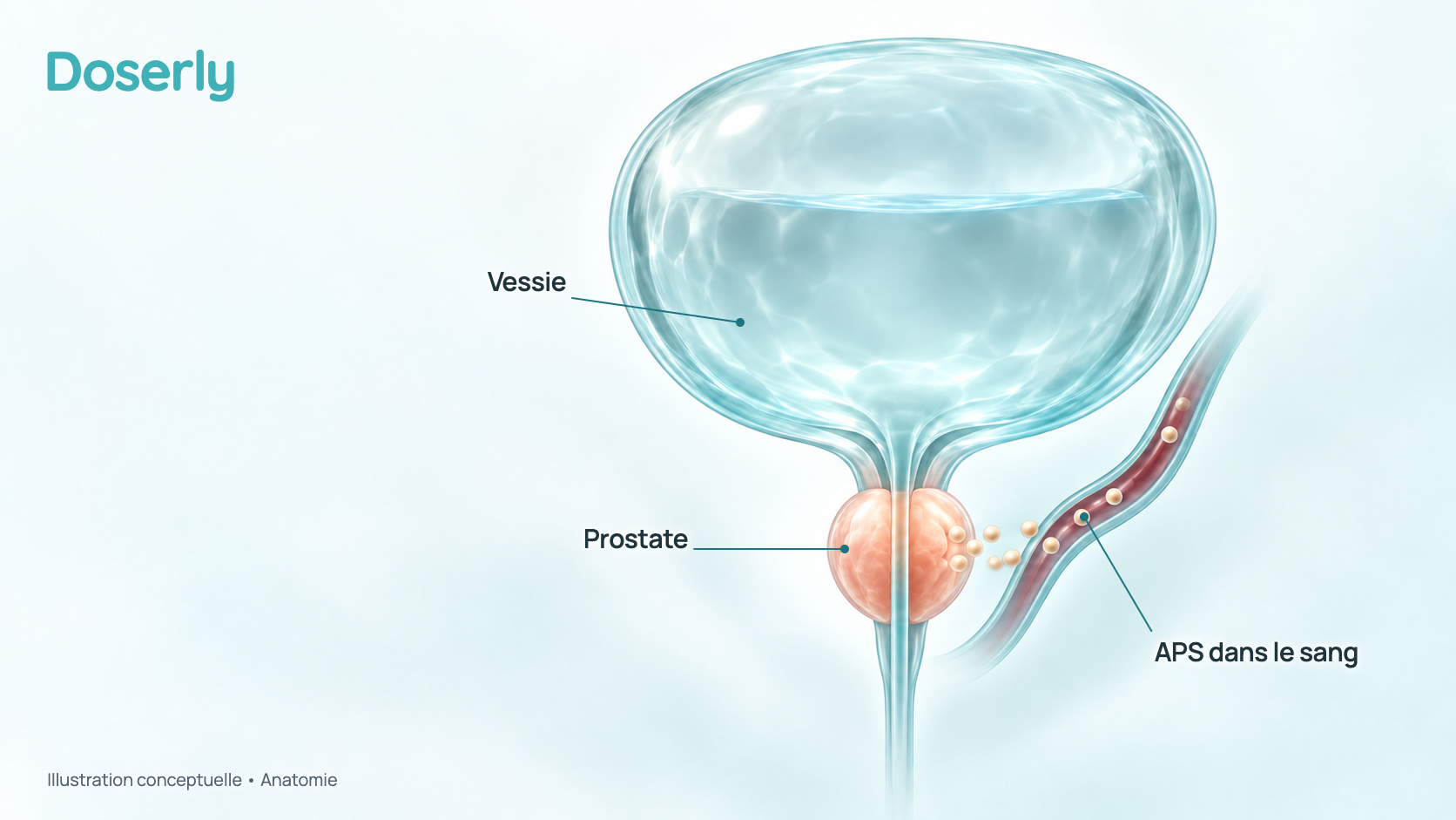Illustration conceptuelle de la vessie avec, en dessous, la prostate de la taille d’une noix qui entoure le canal de l’urine, et d’un vaisseau sanguin voisin où de petites perles de protéine d’APS passent de la prostate au sang. C’est un schéma, pas une quantité mesurée.