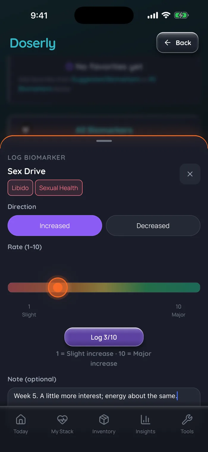 Bilan Doserly sur le désir sexuel (interface en anglais) avec des données d’exemple : direction réglée à « en hausse », score de 3 sur 10 sur une échelle de légère à majeure, et la note « Week 5. A little more interest; energy about the same. » Données d’exemple.