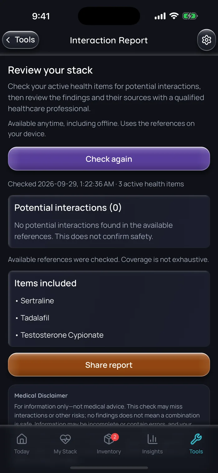 Rapport d’interactions de Doserly (interface en anglais) pour trois éléments d’exemple, la sertraline, le tadalafil et le cypionate de testostérone : interactions potentielles (0), aucune interaction potentielle trouvée dans les références disponibles, et un rappel que cela ne confirme pas l’innocuité et que la couverture n’est pas exhaustive.