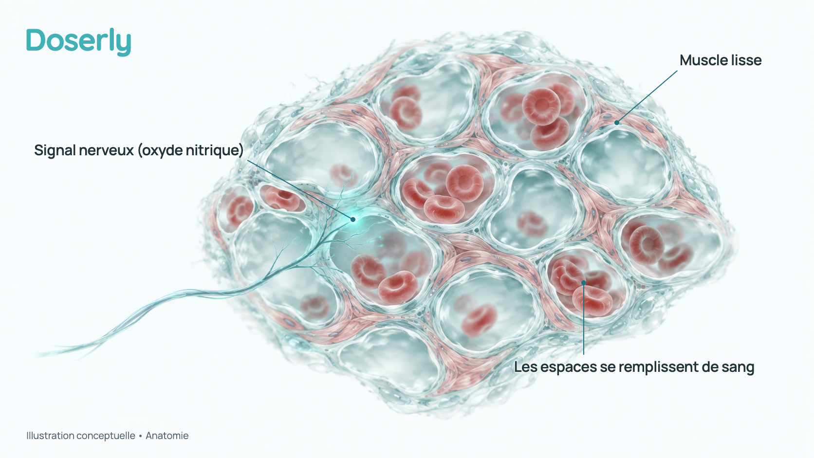 Illustration conceptuelle du tissu érectile spongieux en coupe : de petits espaces remplis de sang entourés de muscle lisse, avec une fibre nerveuse qui libère un signal. C’est un schéma de tissu, pas de la microscopie, et il ne montre aucun contour de corps ni d’organe.