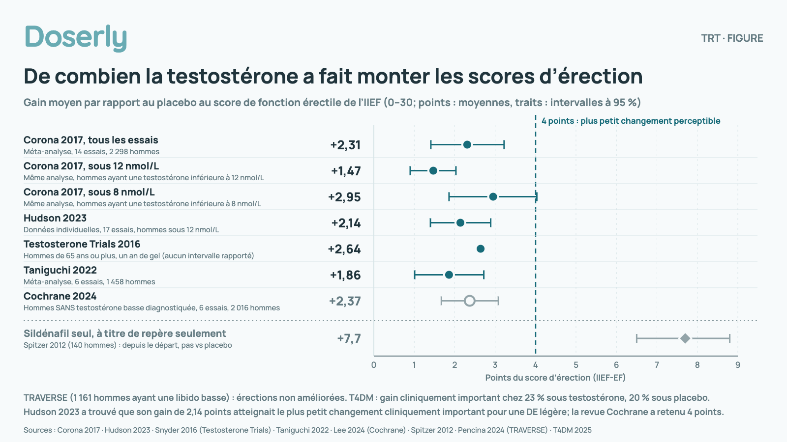 Graphique des gains moyens du score d’érection avec la testostérone par rapport au placebo : Corona 2017, 2,31 dans l’ensemble, 1,47 sous 12 nmol/L et 2,95 sous 8 nmol/L; Hudson 2023, 2,14; Testosterone Trials, 2,64; Taniguchi 2022, 1,86; Cochrane 2024 chez des hommes sans testostérone basse diagnostiquée, 2,37. Tous se situent sous une ligne pointillée de 4 points. À part, à titre de repère : le sildénafil seul a fait monter le score de 7,7 points dans un autre essai. TRAVERSE (1 161 hommes ayant une libido basse) : aucune amélioration des érections. T4DM : un gain cliniquement important chez 23 % des hommes sous testostérone et 20 % sous placebo.