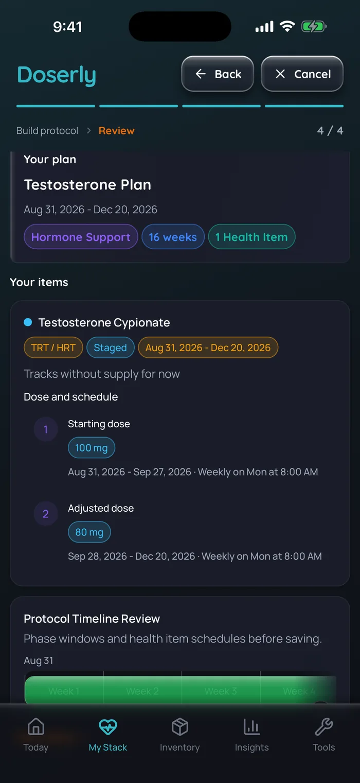 Doserly plan review for an example testosterone cypionate schedule: a starting dose of 100 mg weekly on Mondays from Aug 31 to Sep 27, 2026, then a lowered dose of 80 mg weekly from Sep 28 to Dec 20, 2026.