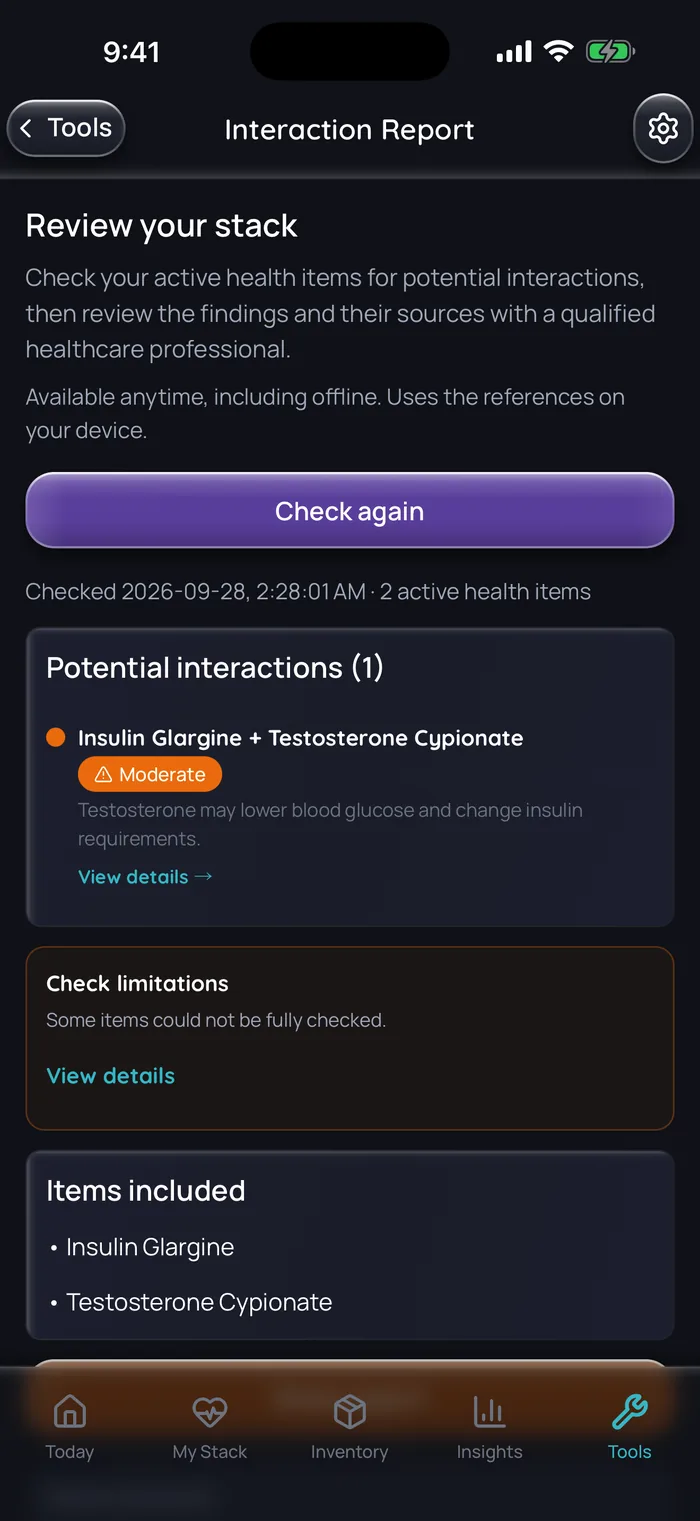 Doserly interaction report for two example items, testosterone cypionate and insulin glargine, flagging one moderate interaction: testosterone may lower blood glucose and change insulin requirements. A note says some items could not be fully checked.