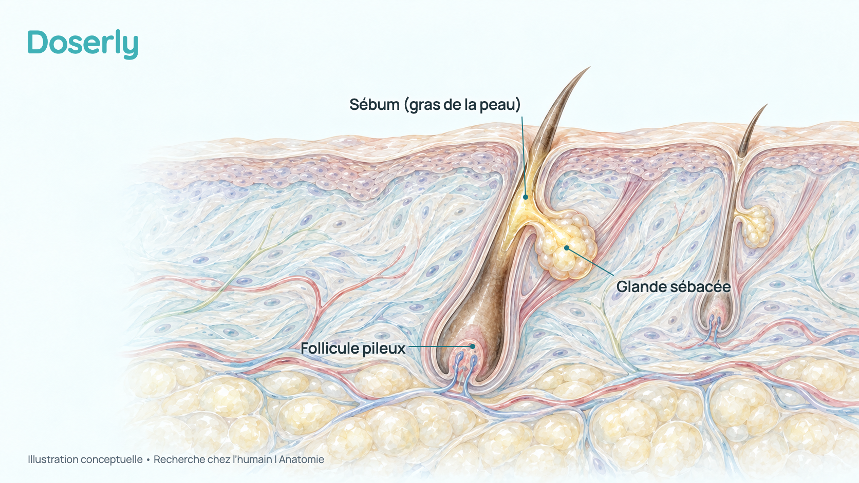 Illustration conceptuelle d’une coupe de peau montrant un follicule pileux avec sa glande sébacée à côté, la glande étant légèrement agrandie. C’est un schéma d’anatomie, pas une image de microscopie, et il ne montre pas un effet mesuré.