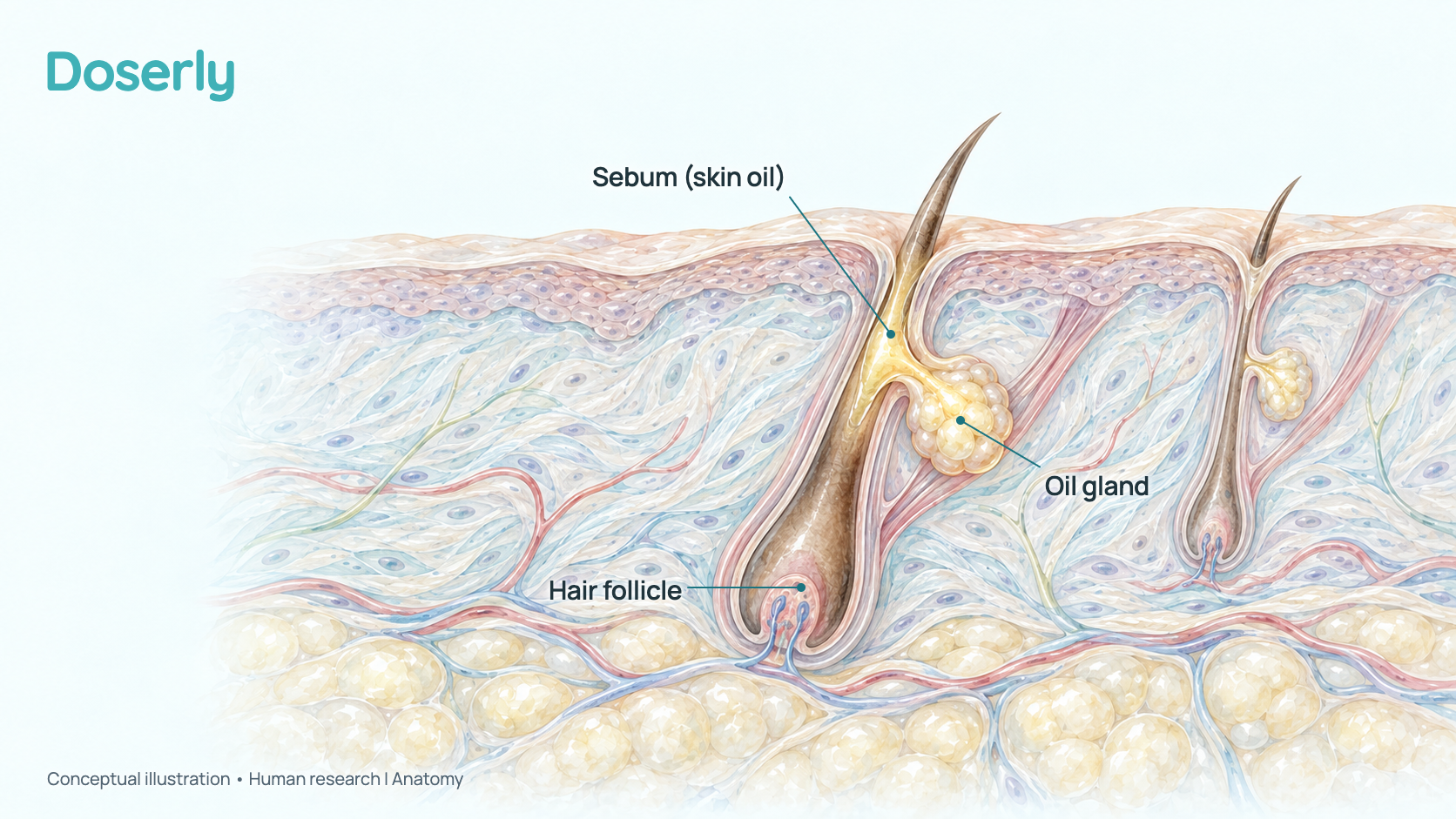 Conceptual illustration of a cross-section of skin showing a hair follicle with its oil gland beside it, the gland slightly enlarged. It is a schematic of anatomy, not microscopy, and does not show a measured effect.