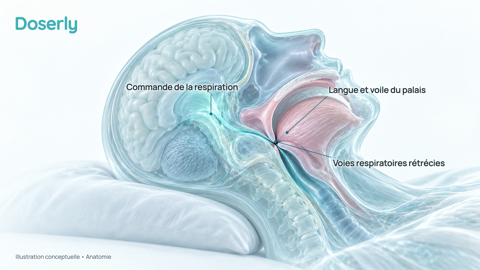 Illustration conceptuelle d’une vue de côté de la tête et du cou pendant le sommeil, montrant les voies respiratoires supérieures qui se rétrécissent derrière la langue. C’est un schéma d’anatomie, pas un examen d’imagerie, et il ne montre pas un effet mesuré.