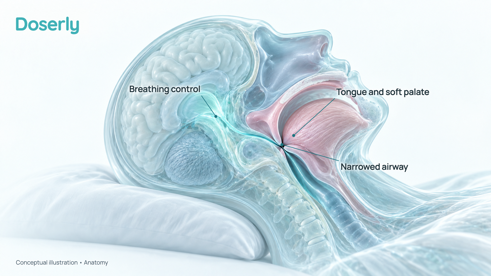 Conceptual illustration of a side view of the head and neck during sleep, showing the upper airway behind the tongue narrowing. It is a schematic of anatomy, not a scan, and does not show a measured effect.