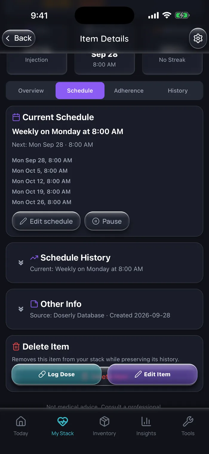 Doserly schedule tab for an example testosterone cypionate item: weekly on Monday at 8:00 AM with no end date, the next five dates listed from Sep 28, 2026, and a schedule history. Example data.