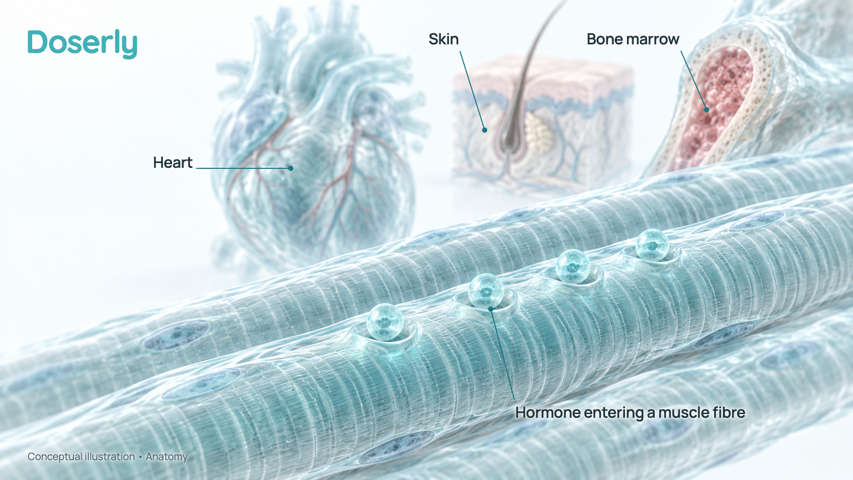 Conceptual illustration of translucent muscle fibres with small hormone molecules entering one fibre, with the heart, a block of skin with a hair follicle, and bone marrow shown faintly behind. It is a schematic of anatomy, not a measured effect.