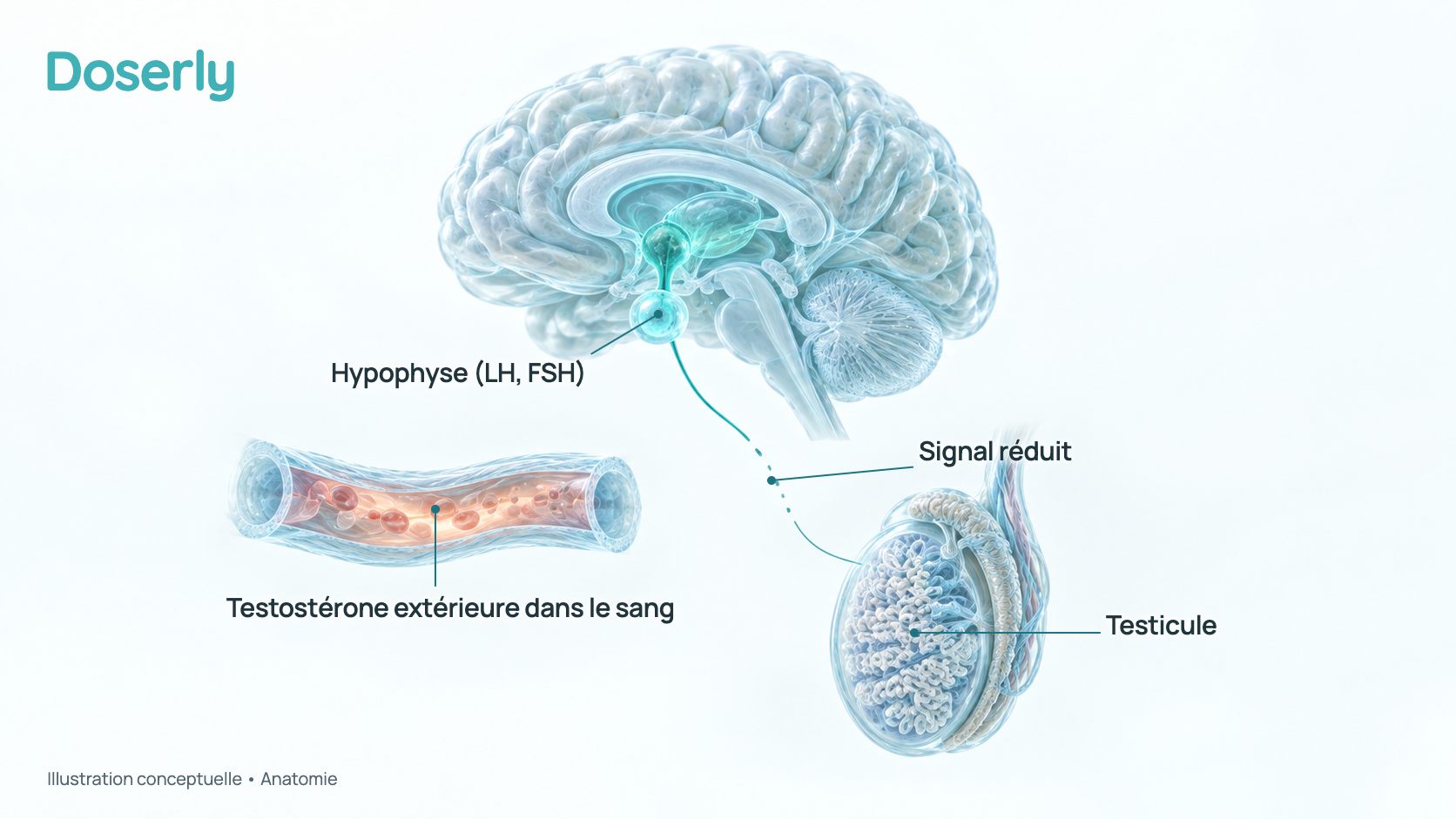 Illustration conceptuelle du cerveau, l’hypophyse mise en évidence, avec une ligne de signal qui se brise en route vers un testicule en coupe et, à proximité, un vaisseau sanguin qui transporte de la testostérone venue de l’extérieur du corps. C’est un schéma de l’anatomie, pas un effet mesuré.