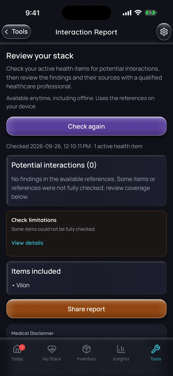 Capture de l’app Doserly (interface en anglais) : rapport d’interactions où le Vilon est le seul élément actif, qui n’affiche aucun résultat dans les références disponibles et un avis indiquant que certains éléments n’ont pas pu être entièrement vérifiés.