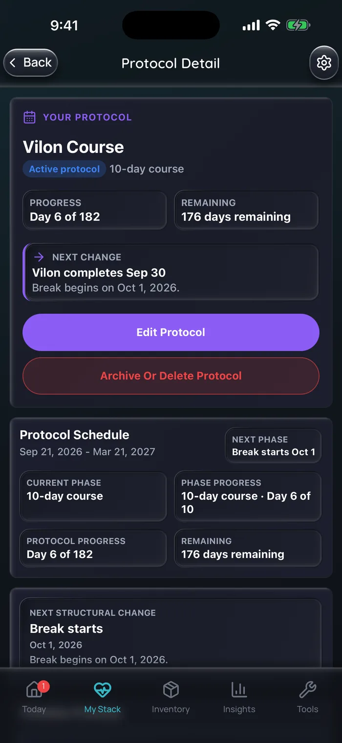 Capture de l’app Doserly (interface en anglais) : détail du protocole d’une cure de Vilon donnée en exemple, au jour 6 d’une cure de 10 jours, avec les jours restants et la date de début de la pause prévue.