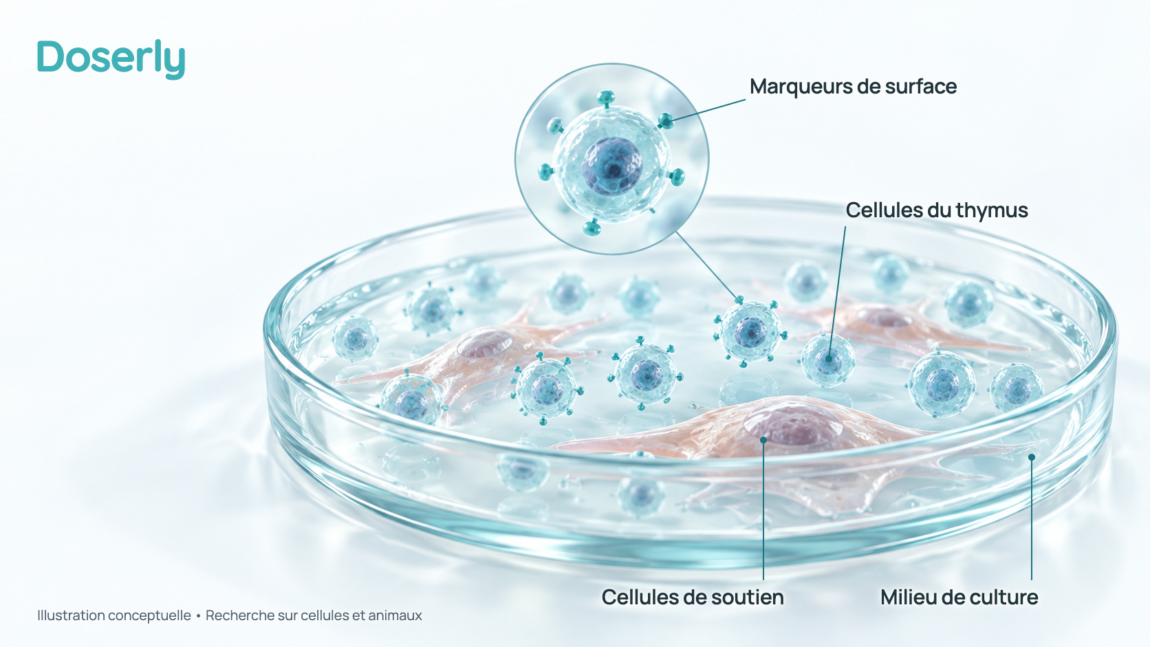 Illustration conceptuelle d’aspect vitreux d’une boîte de culture de laboratoire contenant de petites cellules rondes du thymus, dont certaines portent de petits marqueurs de surface qui montrent leur maturation, au-dessus de cellules de soutien aplaties, avec un médaillon agrandi d’une cellule marquée. Elle représente une méthode de laboratoire, pas un effet démontré du Vilon chez l’humain.