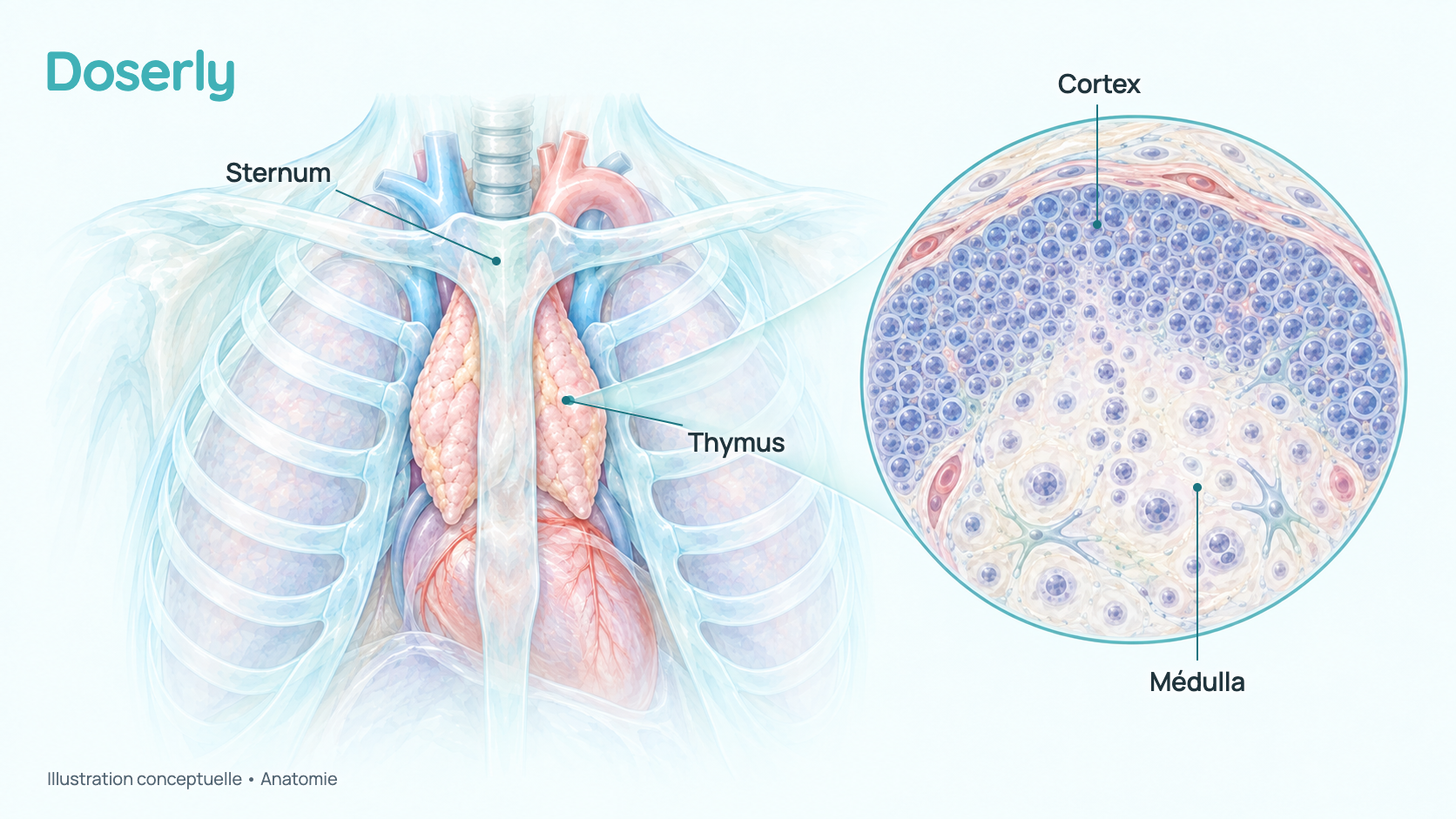 Illustration conceptuelle à l’aquarelle du haut de la poitrine montrant le thymus à deux lobes derrière le sternum et devant le cœur, avec une coupe agrandie d’un lobule : un cortex externe dense de petits lymphocytes T immatures et une médulla interne plus pâle. Elle montre seulement l’anatomie, pas un effet du Vilon.