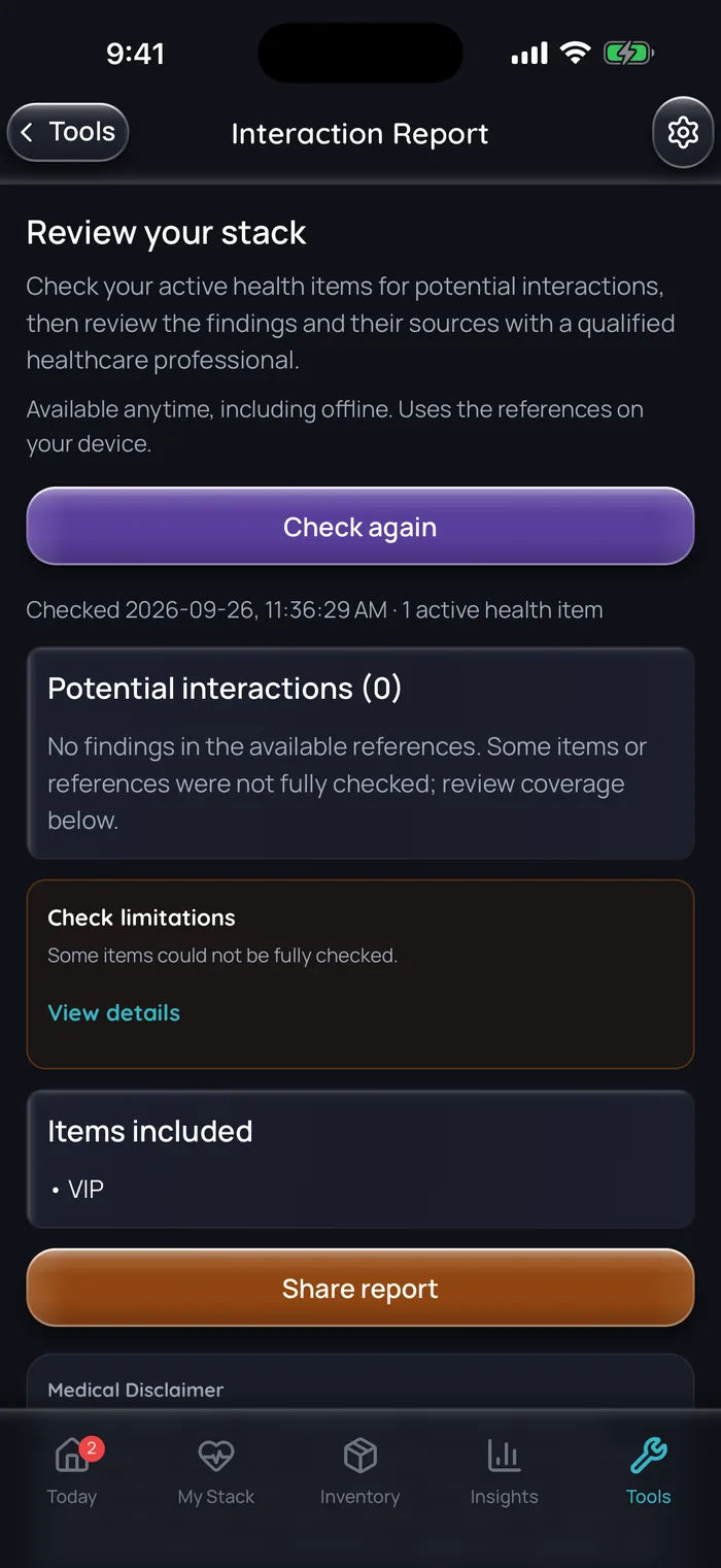 Capture de l’app Doserly (interface en anglais) : rapport d’interactions avec le VIP comme seul élément actif, qui n’indique aucun résultat dans les références disponibles et précise que certains éléments n’ont pas pu être entièrement vérifiés.