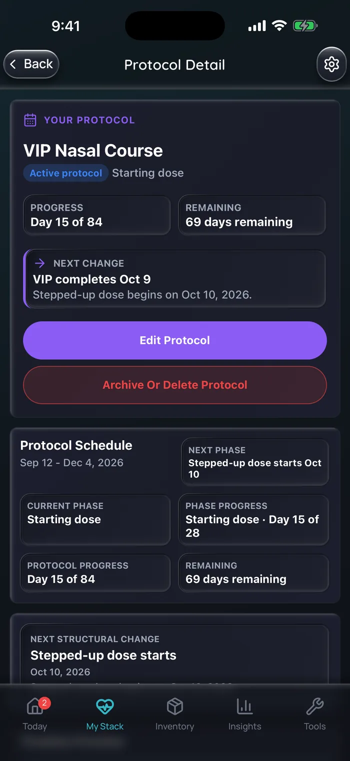 Capture de l’app Doserly (interface en anglais) : détail du protocole pour une cure nasale d’exemple de VIP au jour 15 sur 84, dans la phase de dose de départ, avec 69 jours restants et la phase par paliers qui commence le 10 octobre.