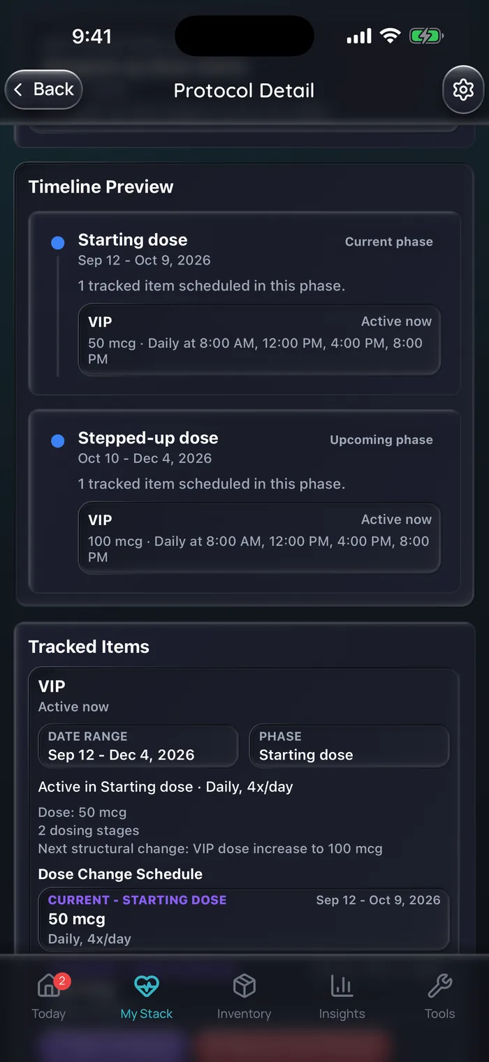 Capture de l’app Doserly (interface en anglais) : aperçu de la chronologie d’une cure d’exemple de VIP en vaporisateur nasal, avec une phase de dose de départ du 12 septembre au 9 octobre, VIP 50 mcg quatre fois par jour à 8 h, 12 h, 16 h et 20 h, puis une phase par paliers du 10 octobre au 4 décembre, 100 mcg aux mêmes quatre heures.
