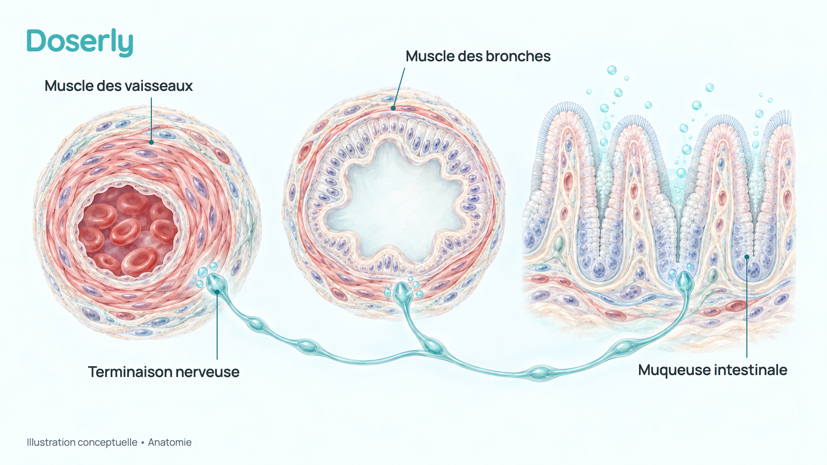 Illustration conceptuelle à l’aquarelle de terminaisons nerveuses à côté d’une petite artère, d’une petite bronche et de la paroi intestinale, les trois endroits où le VIP relâche le muscle ou attire l’eau dans l’intestin. Elle montre seulement l’anatomie, pas un effet thérapeutique mesuré.